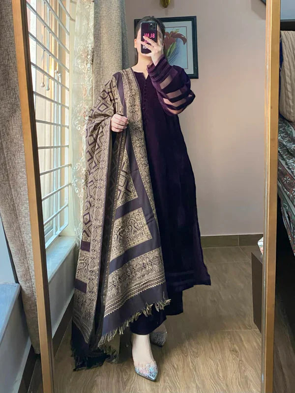 BUNAAI - Velvet Dress with Printed Dhanak Shawl BN33117