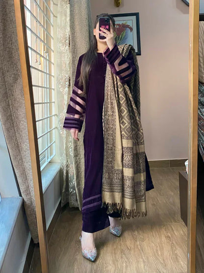 BUNAAI - Velvet Dress with Printed Dhanak Shawl BN33117