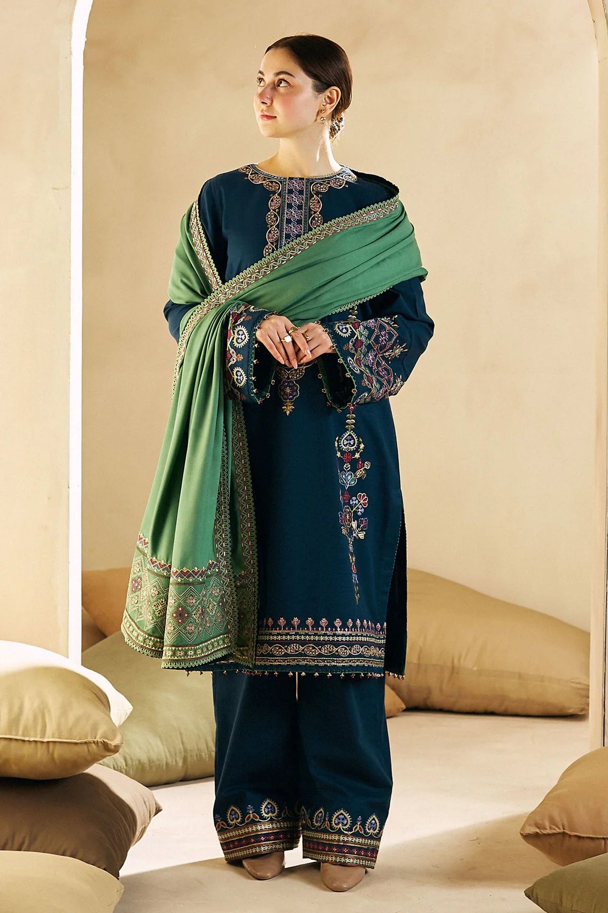 BN590-WINTER 3-Pc Embroidered Dhanak Suit with Heavy Embroidered Dhanak Shawll