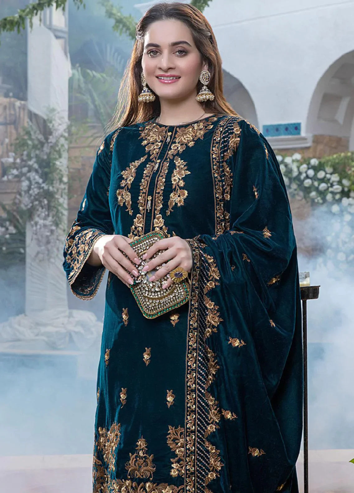 BN404-Embroidered Velvet Three piece With Velvet Shawl Winter Collection