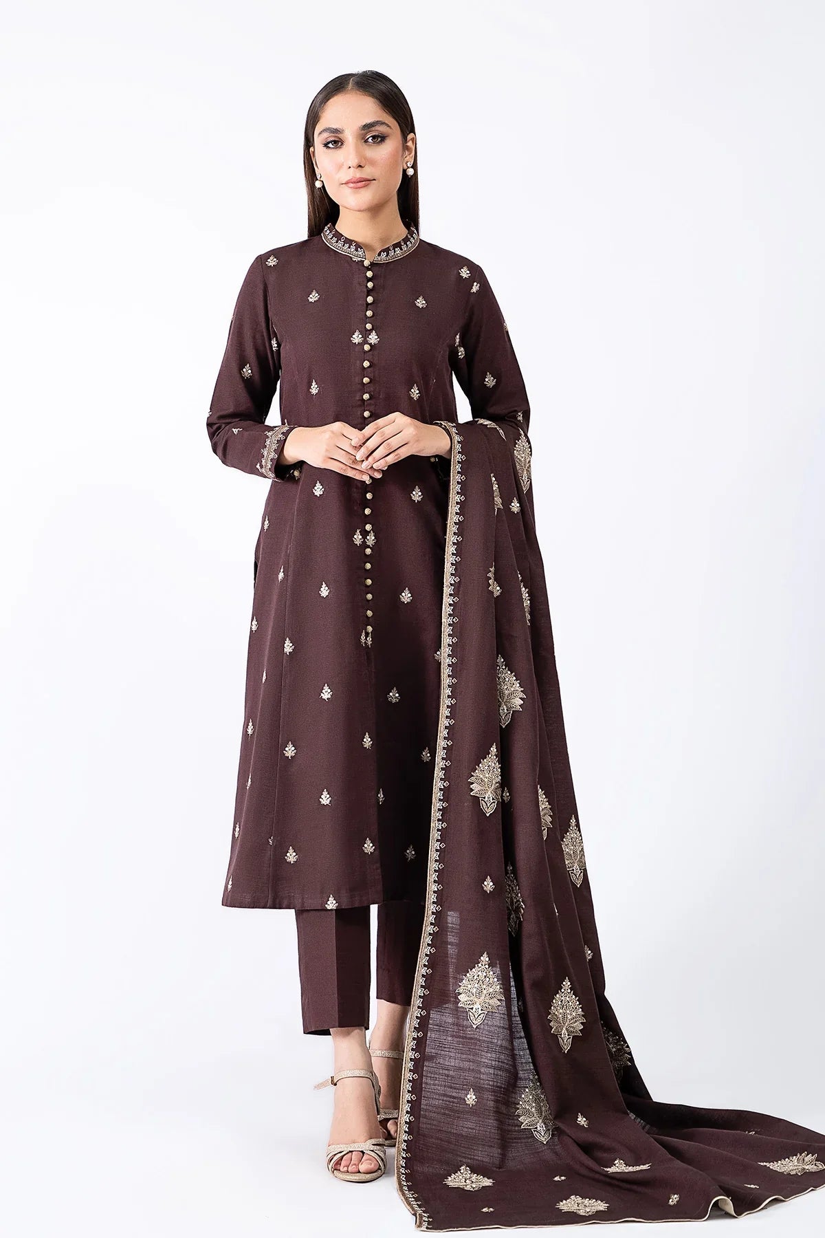 BN604-WINTER 3-Pc Embroidered Dhanak Suit with Heavy Embroidered Dhanak Shawll