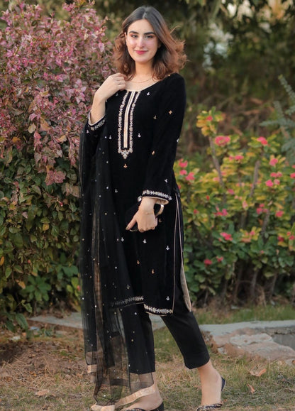 BN518-Velvet Embroidered Dress With Organza embroidered Dopata